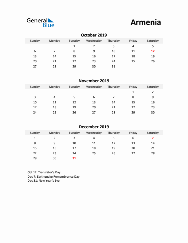 Printable Quarterly Calendar with Notes and Armenia Holidays- Q4 of 2019