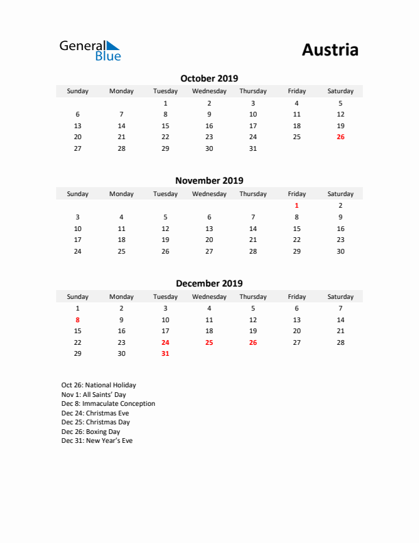 Printable Quarterly Calendar with Notes and Austria Holidays- Q4 of 2019