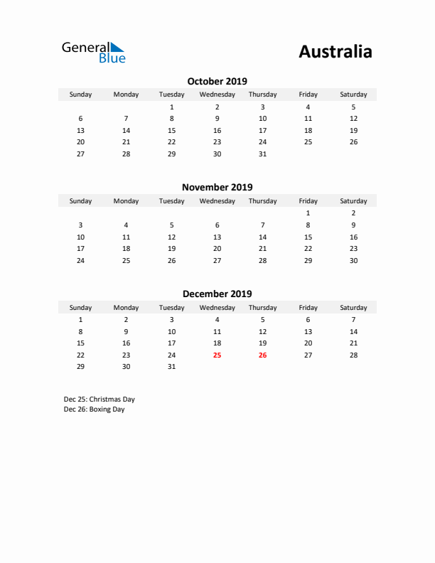 Printable Quarterly Calendar with Notes and Australia Holidays- Q4 of 2019