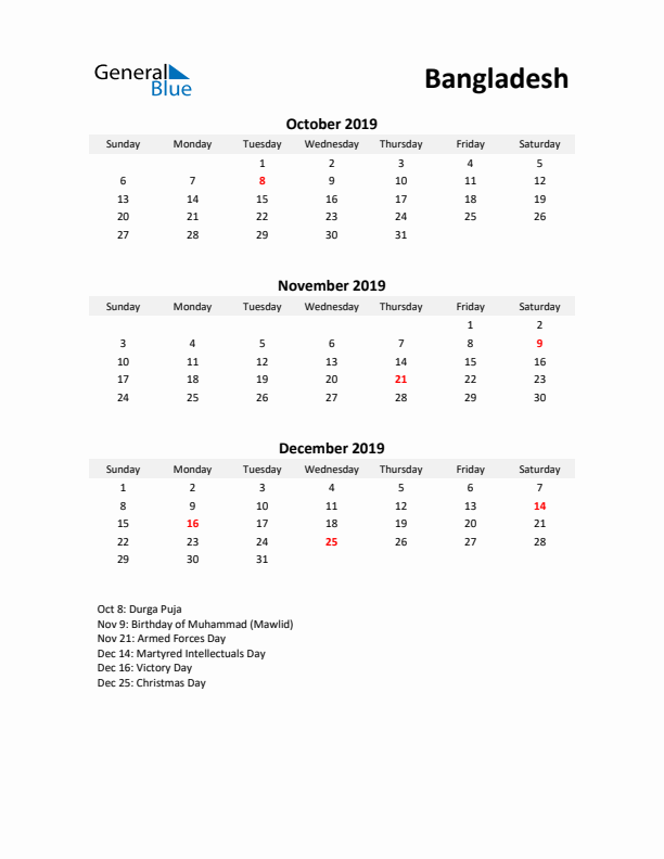 Printable Quarterly Calendar with Notes and Bangladesh Holidays- Q4 of 2019