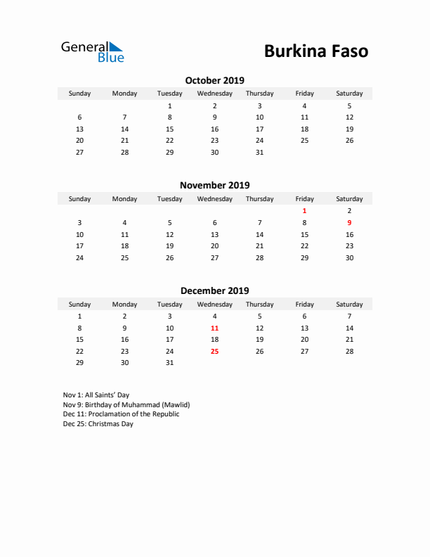 Printable Quarterly Calendar with Notes and Burkina Faso Holidays- Q4 of 2019