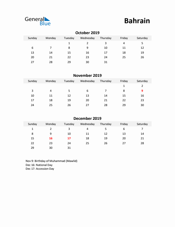 Printable Quarterly Calendar with Notes and Bahrain Holidays- Q4 of 2019