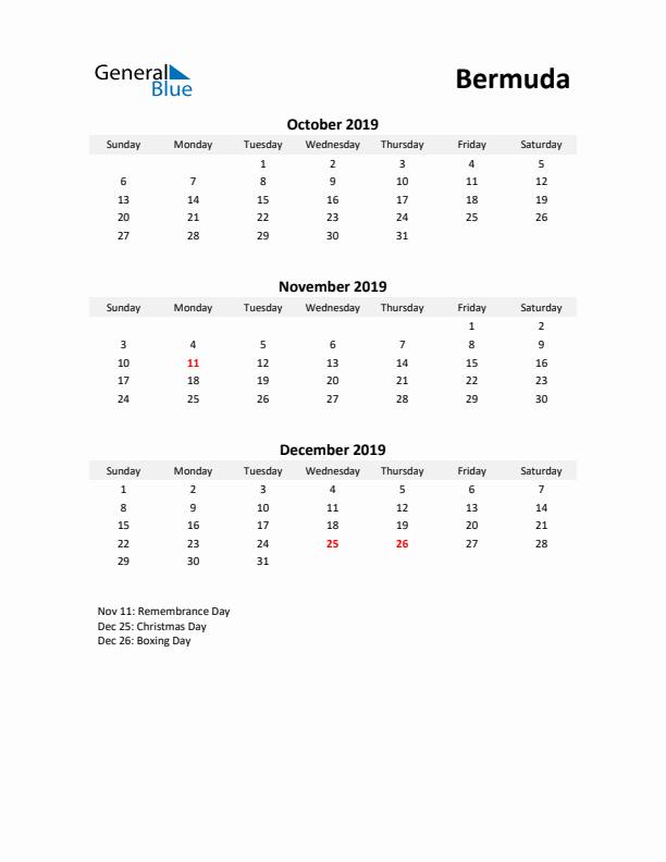 Printable Quarterly Calendar with Notes and Bermuda Holidays- Q4 of 2019