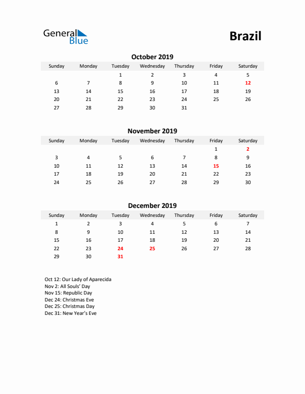 Printable Quarterly Calendar with Notes and Brazil Holidays- Q4 of 2019