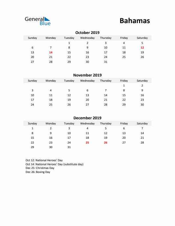 Printable Quarterly Calendar with Notes and Bahamas Holidays- Q4 of 2019