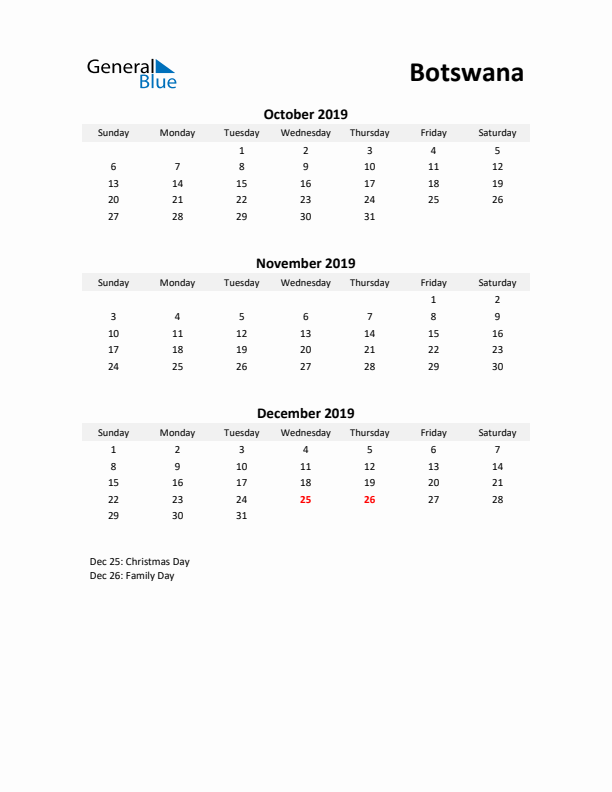 Printable Quarterly Calendar with Notes and Botswana Holidays- Q4 of 2019