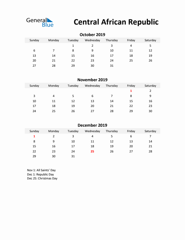 Printable Quarterly Calendar with Notes and Central African Republic Holidays- Q4 of 2019