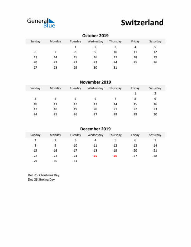 Printable Quarterly Calendar with Notes and Switzerland Holidays- Q4 of 2019