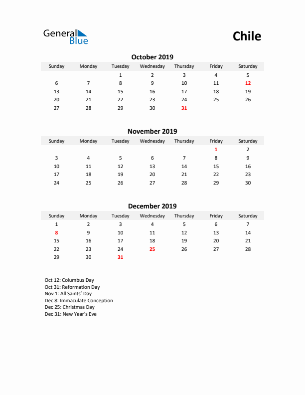 Printable Quarterly Calendar with Notes and Chile Holidays- Q4 of 2019