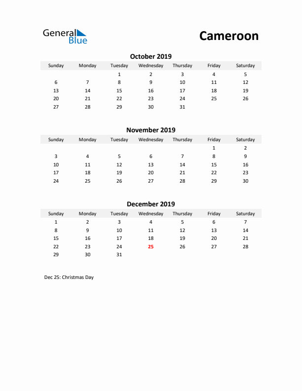 Printable Quarterly Calendar with Notes and Cameroon Holidays- Q4 of 2019