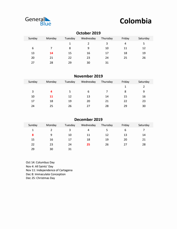 Printable Quarterly Calendar with Notes and Colombia Holidays- Q4 of 2019