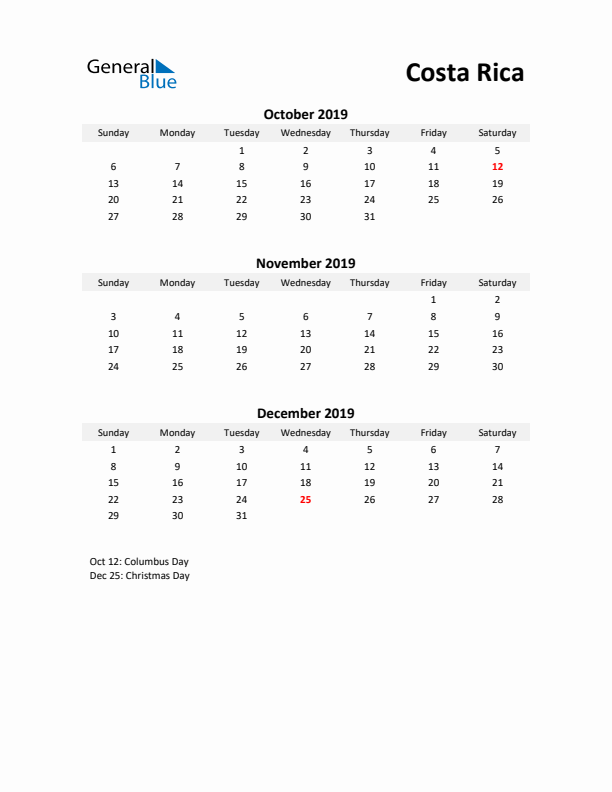 Printable Quarterly Calendar with Notes and Costa Rica Holidays- Q4 of 2019