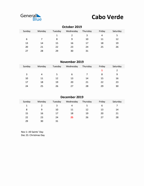 Printable Quarterly Calendar with Notes and Cabo Verde Holidays- Q4 of 2019