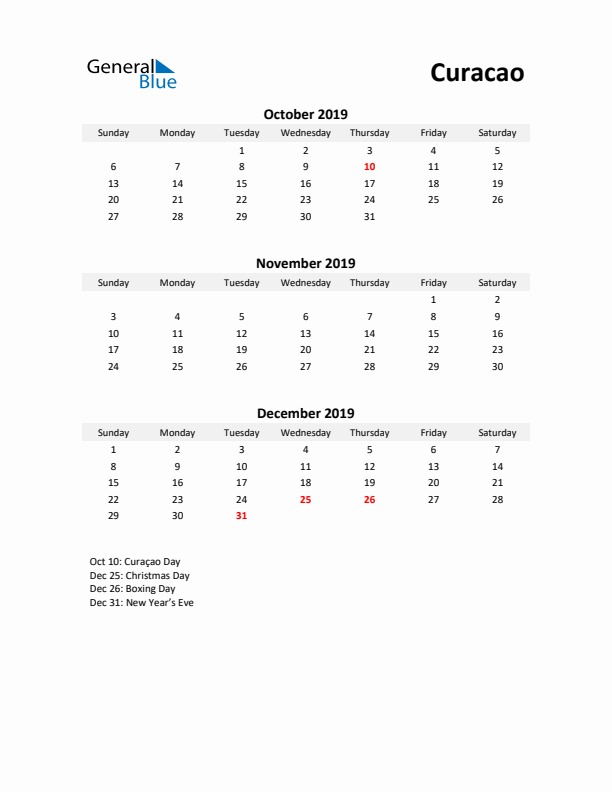 Printable Quarterly Calendar with Notes and Curacao Holidays- Q4 of 2019