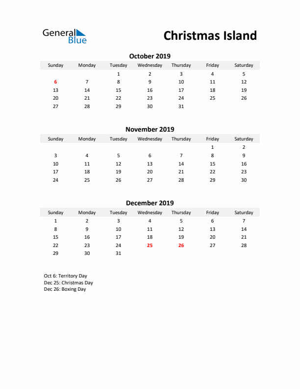 Printable Quarterly Calendar with Notes and Christmas Island Holidays- Q4 of 2019