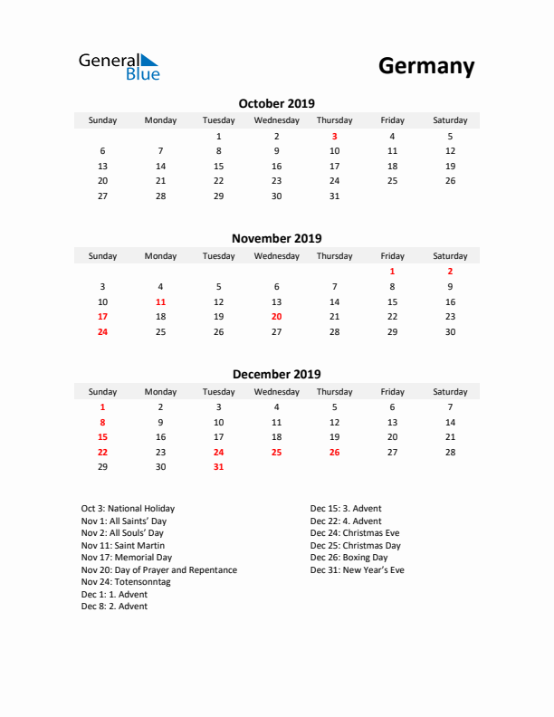 Printable Quarterly Calendar with Notes and Germany Holidays- Q4 of 2019