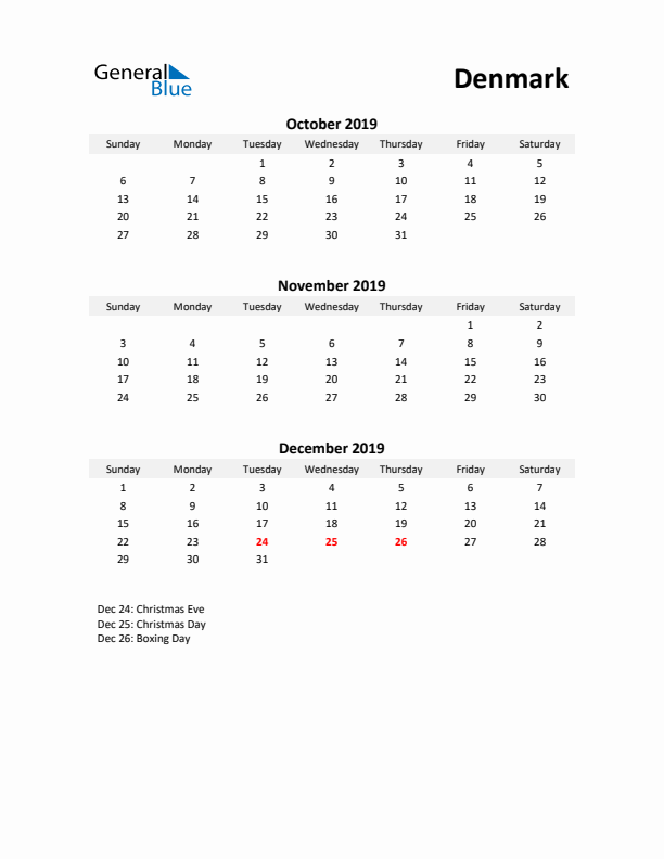 Printable Quarterly Calendar with Notes and Denmark Holidays- Q4 of 2019