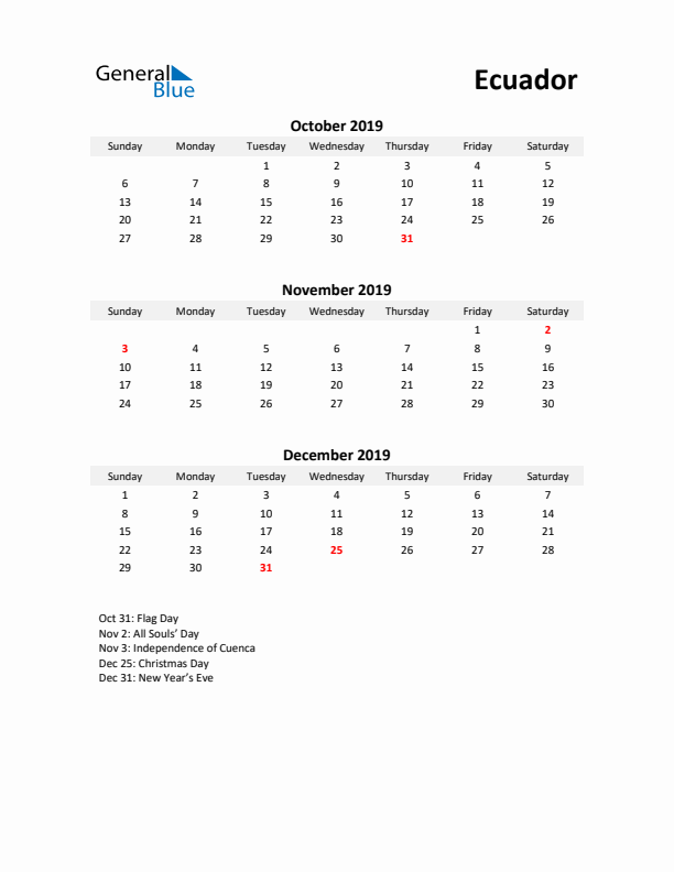 Printable Quarterly Calendar with Notes and Ecuador Holidays- Q4 of 2019