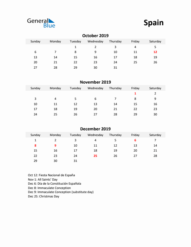 Printable Quarterly Calendar with Notes and Spain Holidays- Q4 of 2019