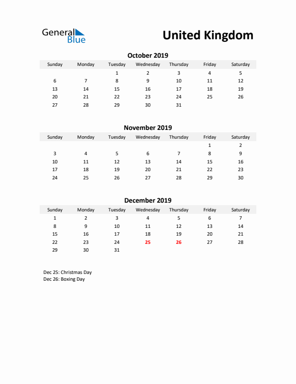 Printable Quarterly Calendar with Notes and United Kingdom Holidays- Q4 of 2019