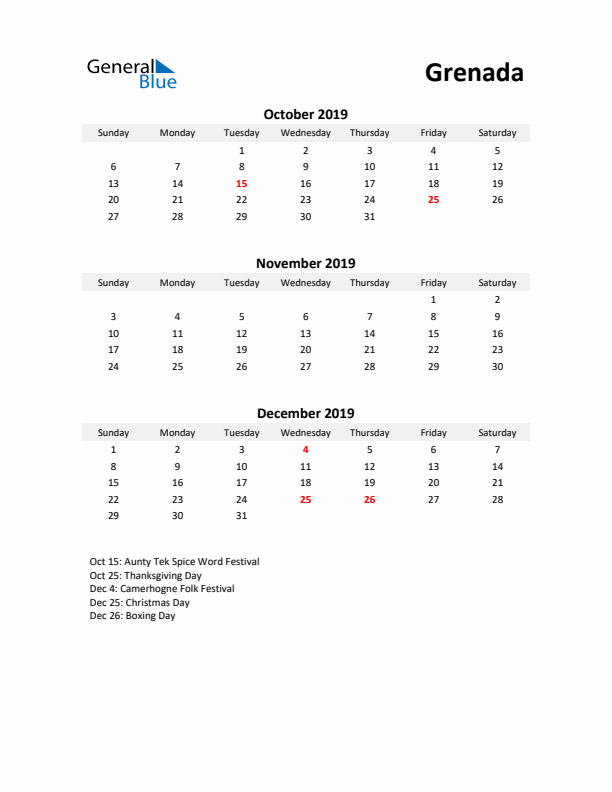 Printable Quarterly Calendar with Notes and Grenada Holidays- Q4 of 2019