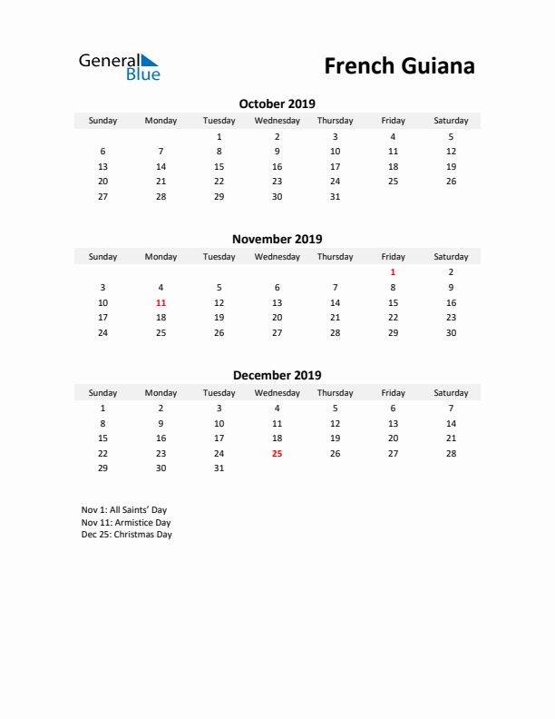 Printable Quarterly Calendar with Notes and French Guiana Holidays- Q4 of 2019