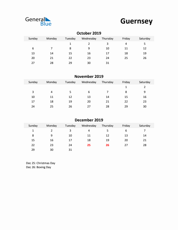 Printable Quarterly Calendar with Notes and Guernsey Holidays- Q4 of 2019