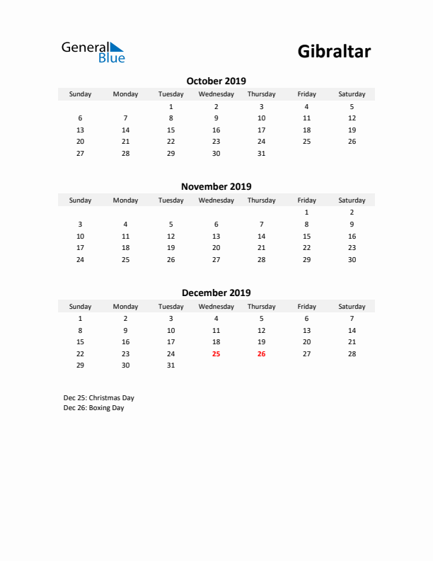 Printable Quarterly Calendar with Notes and Gibraltar Holidays- Q4 of 2019