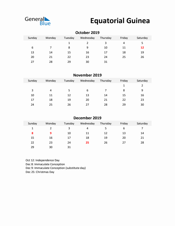 Printable Quarterly Calendar with Notes and Equatorial Guinea Holidays- Q4 of 2019