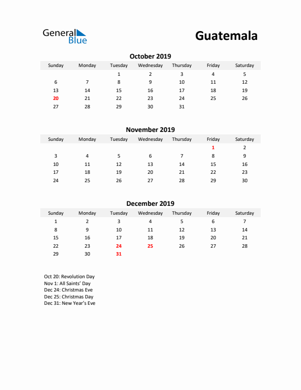 Printable Quarterly Calendar with Notes and Guatemala Holidays- Q4 of 2019