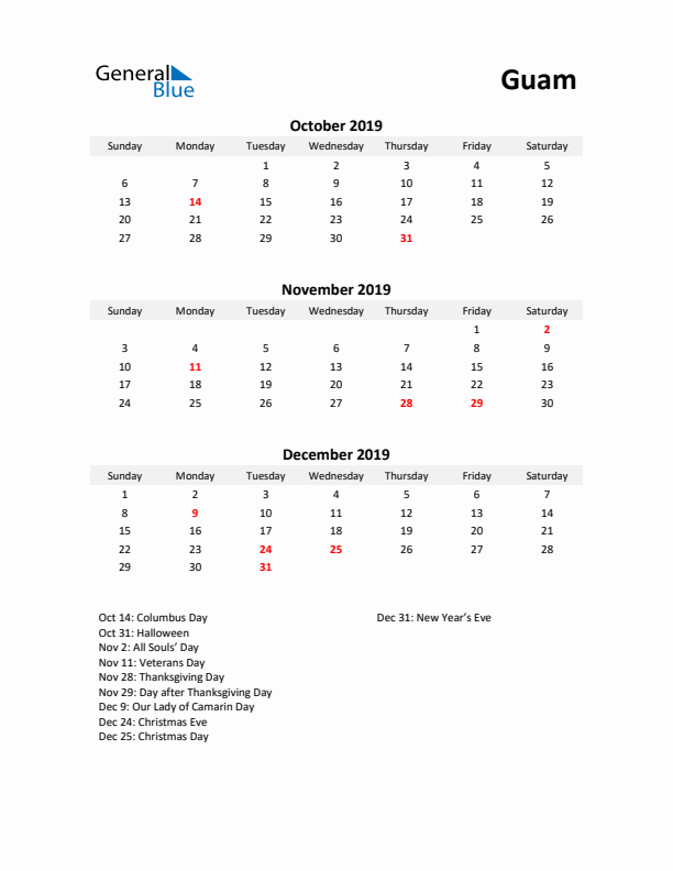 Printable Quarterly Calendar with Notes and Guam Holidays- Q4 of 2019