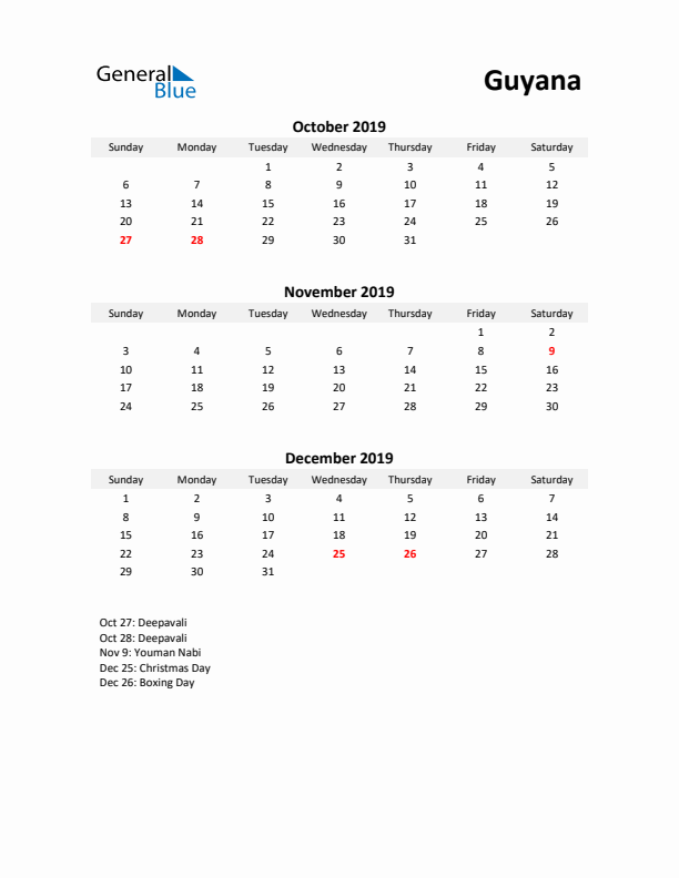 Printable Quarterly Calendar with Notes and Guyana Holidays- Q4 of 2019