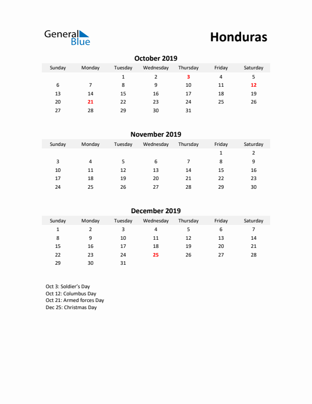 Printable Quarterly Calendar with Notes and Honduras Holidays- Q4 of 2019