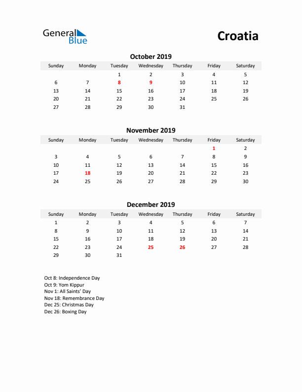 Printable Quarterly Calendar with Notes and Croatia Holidays- Q4 of 2019