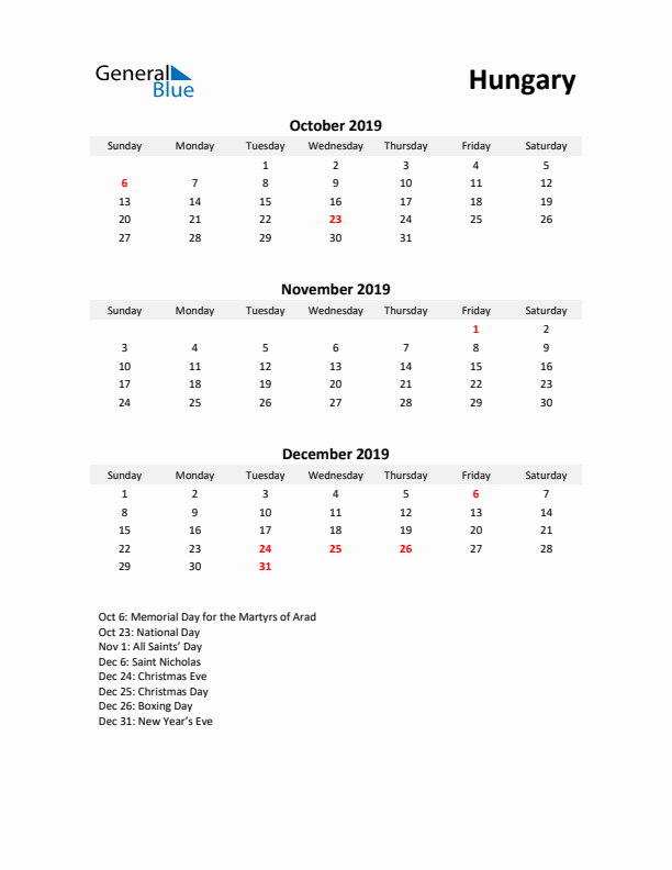 Printable Quarterly Calendar with Notes and Hungary Holidays- Q4 of 2019