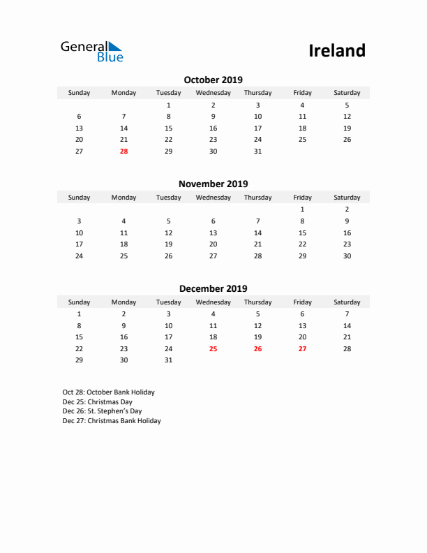 Printable Quarterly Calendar with Notes and Ireland Holidays- Q4 of 2019