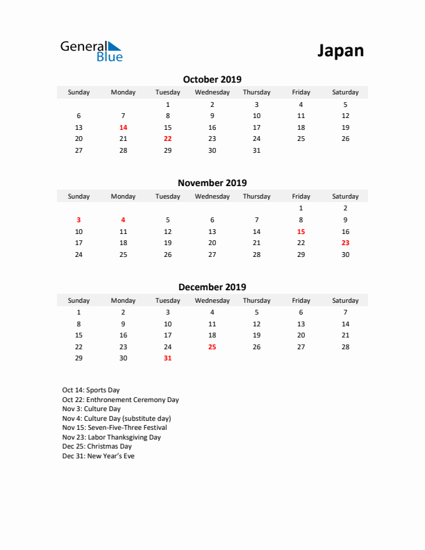 Printable Quarterly Calendar with Notes and Japan Holidays- Q4 of 2019