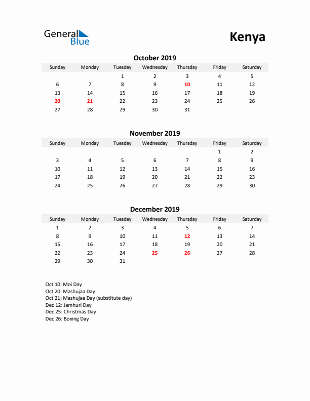 Printable Quarterly Calendar with Notes and Kenya Holidays- Q4 of 2019