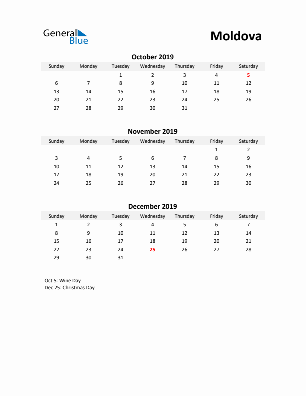 Printable Quarterly Calendar with Notes and Moldova Holidays- Q4 of 2019