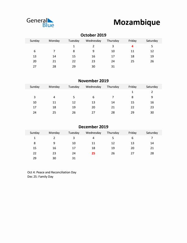 Printable Quarterly Calendar with Notes and Mozambique Holidays- Q4 of 2019