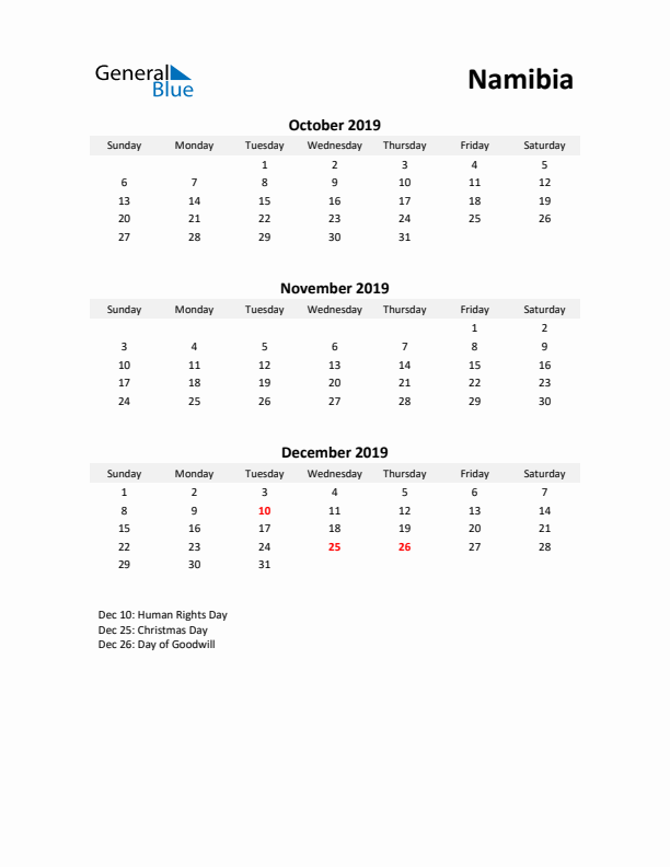 Printable Quarterly Calendar with Notes and Namibia Holidays- Q4 of 2019