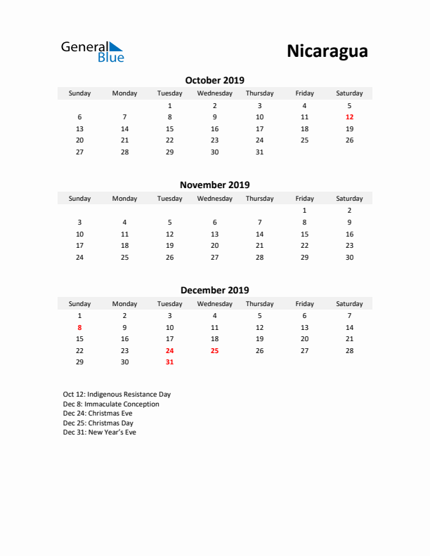 Printable Quarterly Calendar with Notes and Nicaragua Holidays- Q4 of 2019