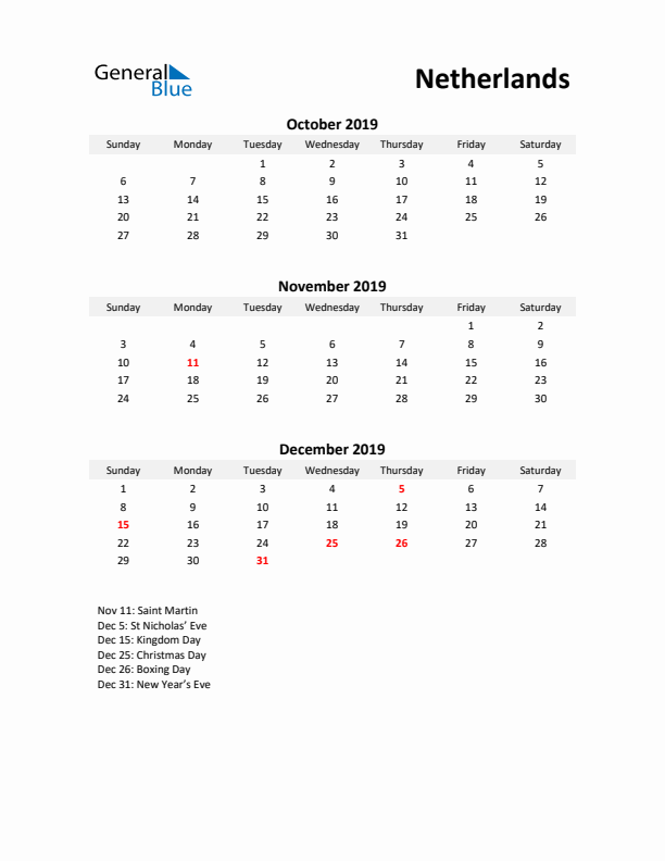 Printable Quarterly Calendar with Notes and The Netherlands Holidays- Q4 of 2019