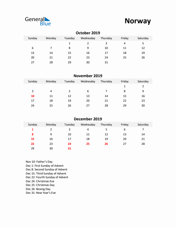 Printable Quarterly Calendar with Notes and Norway Holidays- Q4 of 2019