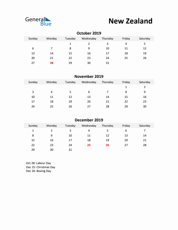 Printable Quarterly Calendar with Notes and New Zealand Holidays- Q4 of 2019