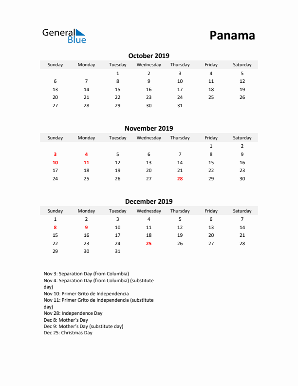 Printable Quarterly Calendar with Notes and Panama Holidays- Q4 of 2019