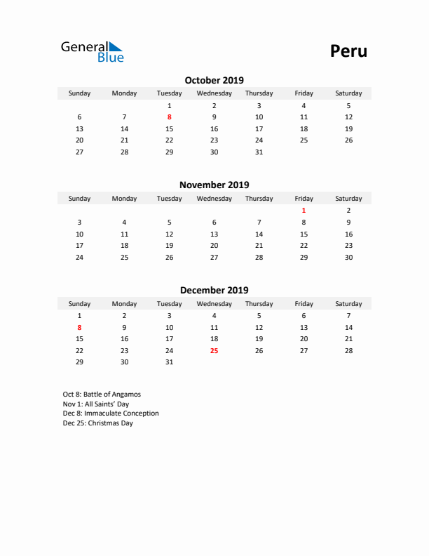 Printable Quarterly Calendar with Notes and Peru Holidays- Q4 of 2019