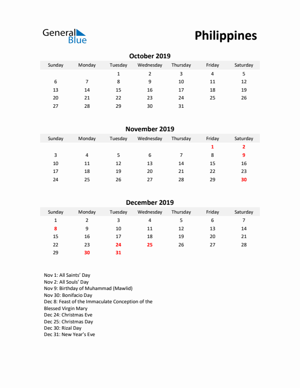 Printable Quarterly Calendar with Notes and Philippines Holidays- Q4 of 2019