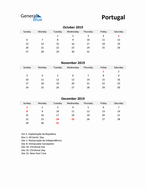 Printable Quarterly Calendar with Notes and Portugal Holidays- Q4 of 2019