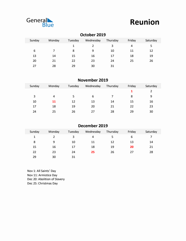 Printable Quarterly Calendar with Notes and Reunion Holidays- Q4 of 2019